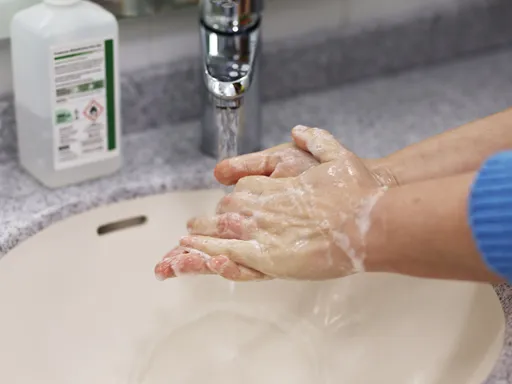A person scrubs soapy hands under a running faucet in a sink, with a bottle of hand soap nearby, conveying a clean, hygienic routine.