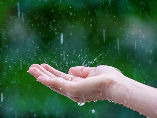 An open hand catches falling rain, droplets splashing across the palm against a lush, blurred green background, creating a fresh, peaceful mood.