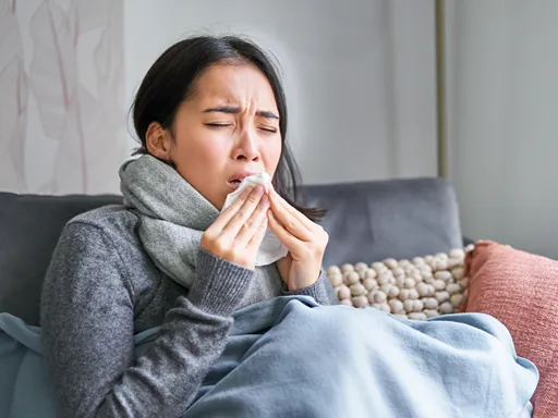 A sick woman sits on a sofa wrapped in a blanket and scarf, eyes closed as she sneezes into a tissue, conveying discomfort and cold symptoms.