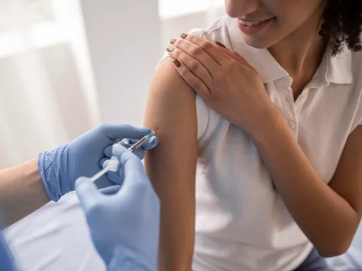 A smiling woman in a white blouse looks at her upper arm as a healthcare worker in blue gloves gives her a vaccine in a bright clinic.