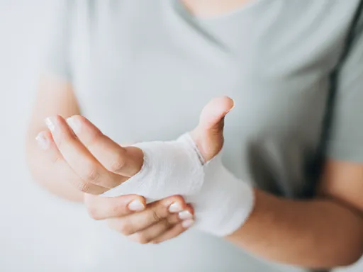 Close-up of a person in a light gray shirt supporting a bandaged wrist with their other hand, suggesting an injury and a calm, careful mood.