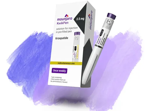Box of Mounjaro KwikPen 2.5 mg tirzepatide injection beside a white-and-purple prefilled pen, set against a purple brushstroke; clinical, informative tone.