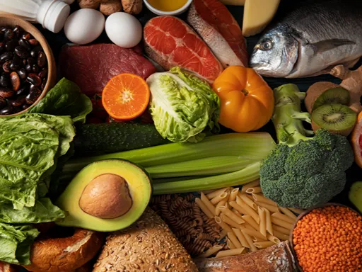 An abundant overhead spread of vegetables, fruit, fish, eggs, beans, grains, meat, and dairy, suggesting a fresh, balanced diet.